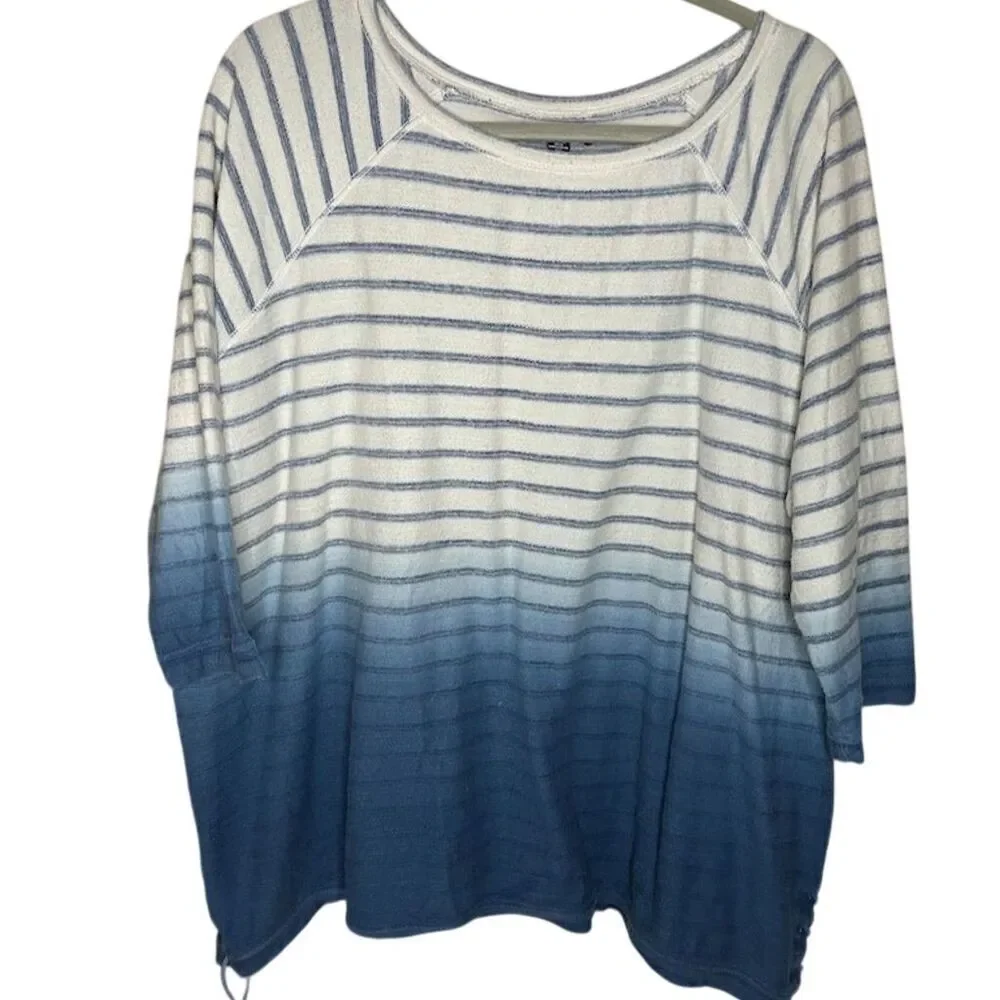 Chaps Women's 2XL Blue Ombré Striped 3/4 Sleeve Pullover Top